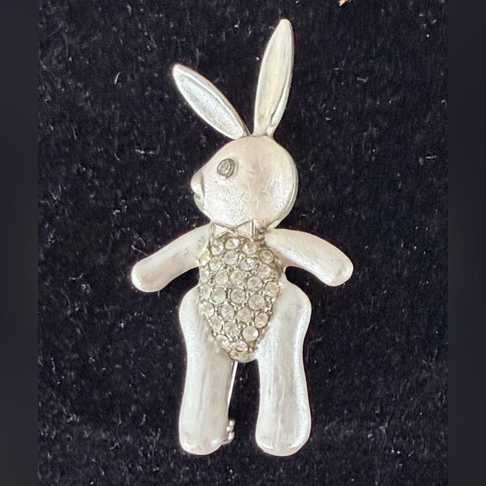 Vintage Silver-Tone Bunny Brooch with Rhinestones